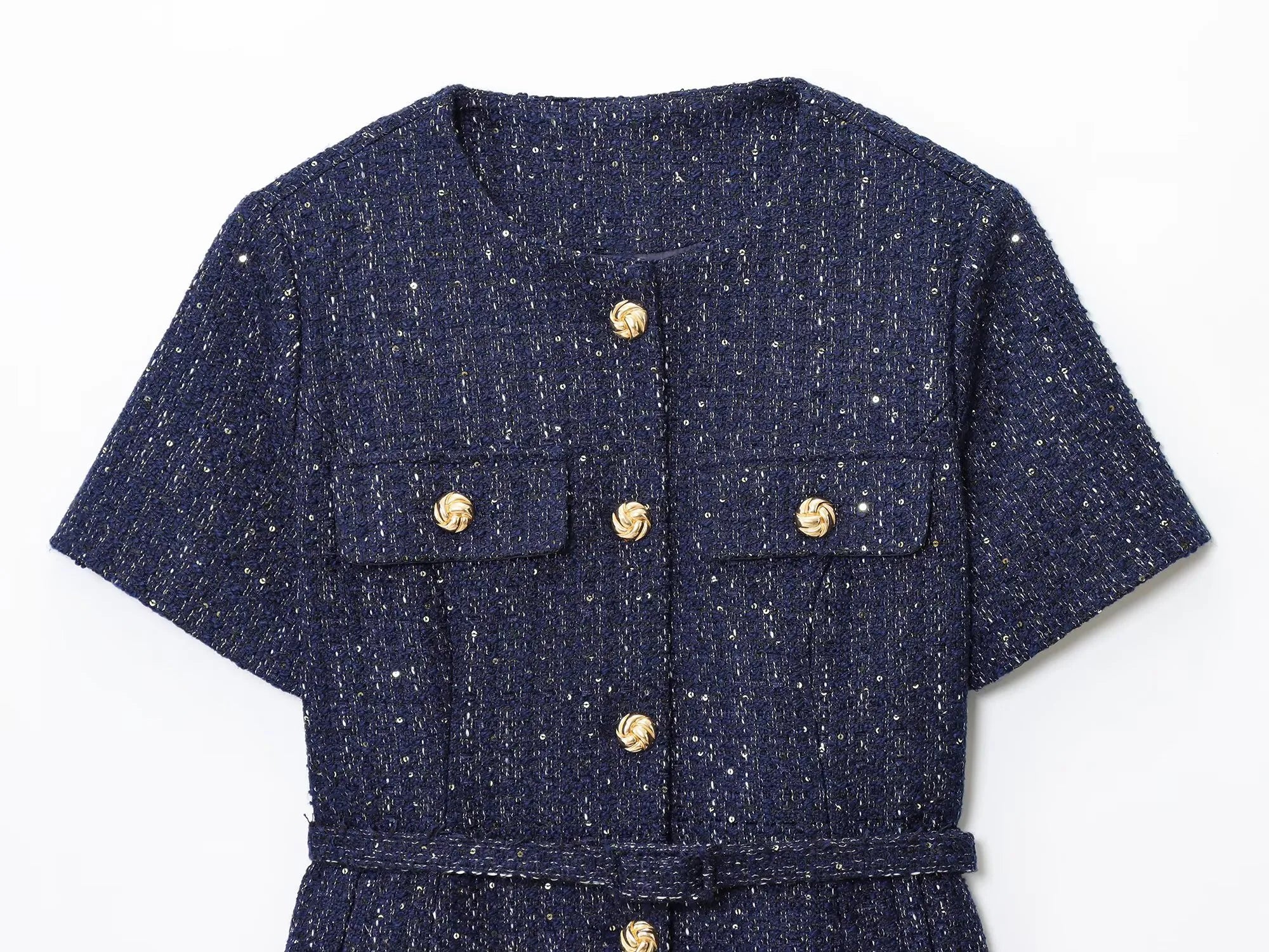 2025 Autumn New Women's Fashion Chic with Belt, Gold Button Decoration Round Neck Short Sleeve Blended Coat