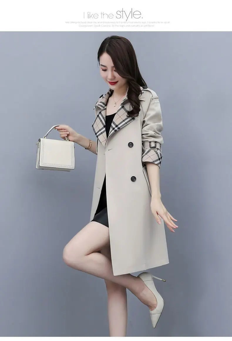 Women Trench Coat 2024 Spring New Style Lapel Collar Khaki Double Breasted Button Office Lady Windbreaker Coat