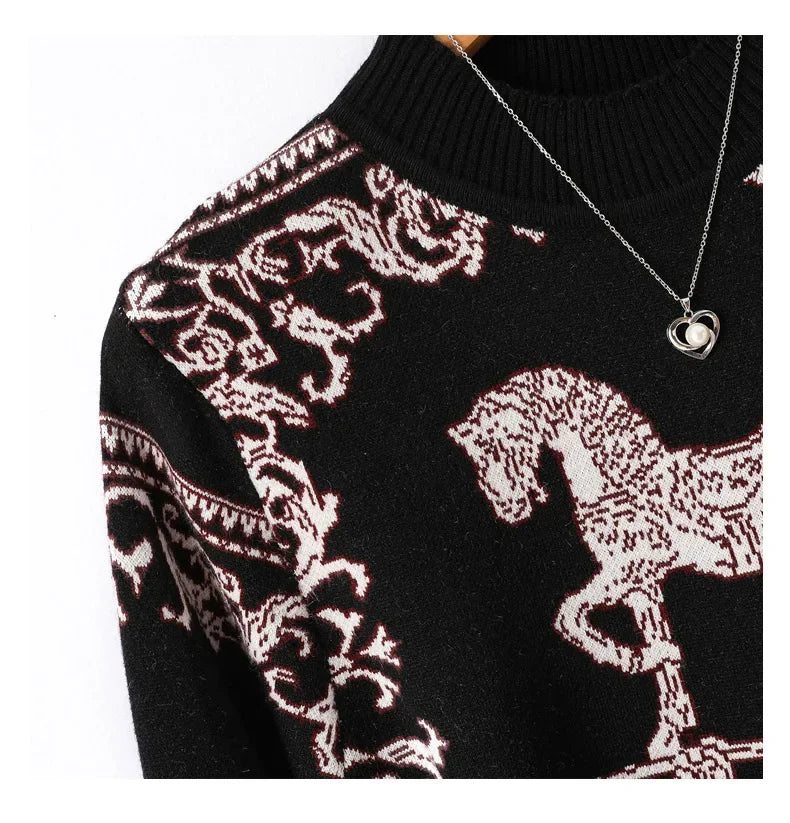 Women's Clothing Fashion Vintage Jacquard Knitted Dresses Autumn Winter Loose O-neck Thick Warm Elegant Dresses