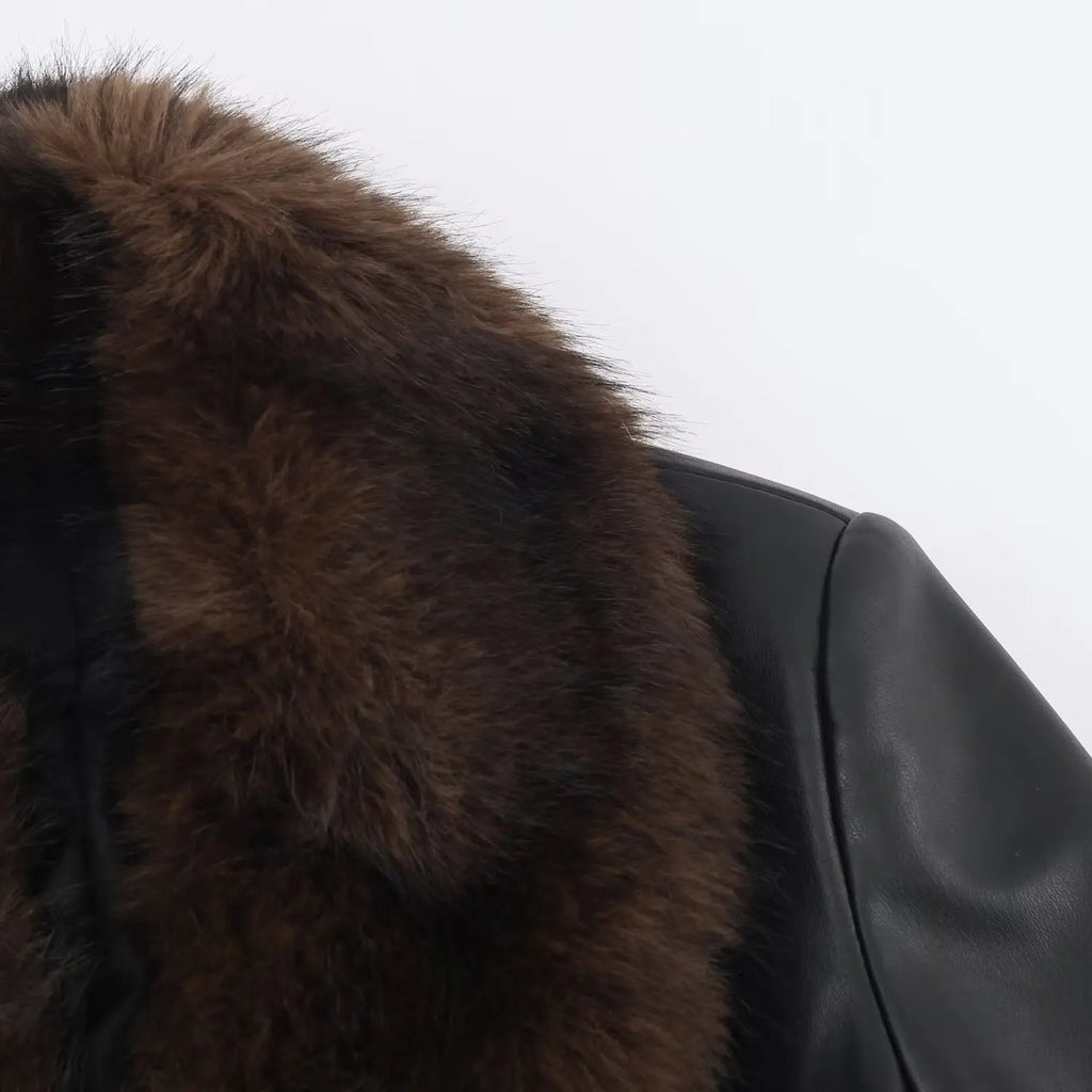 HH Women's Winter Fashion Long Sleeves Coats Black Fur Turn-Down Collar Lace-Up Decoration Single Breasted Female Warm Jackets