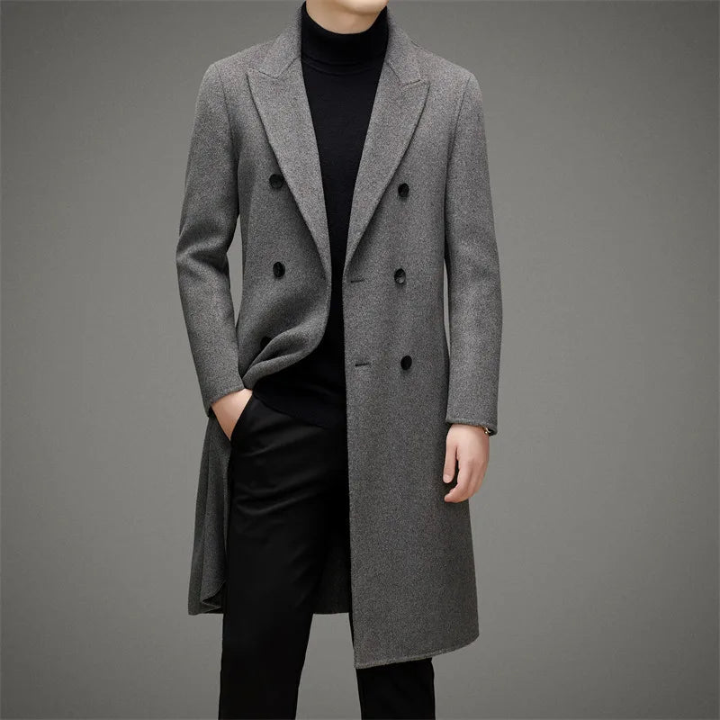 High-end Men's Double-breasted Wool Coat Fashionable Long Wool Knee-length Casual Suit Jacket for Men Peak Lapel Customized Coat