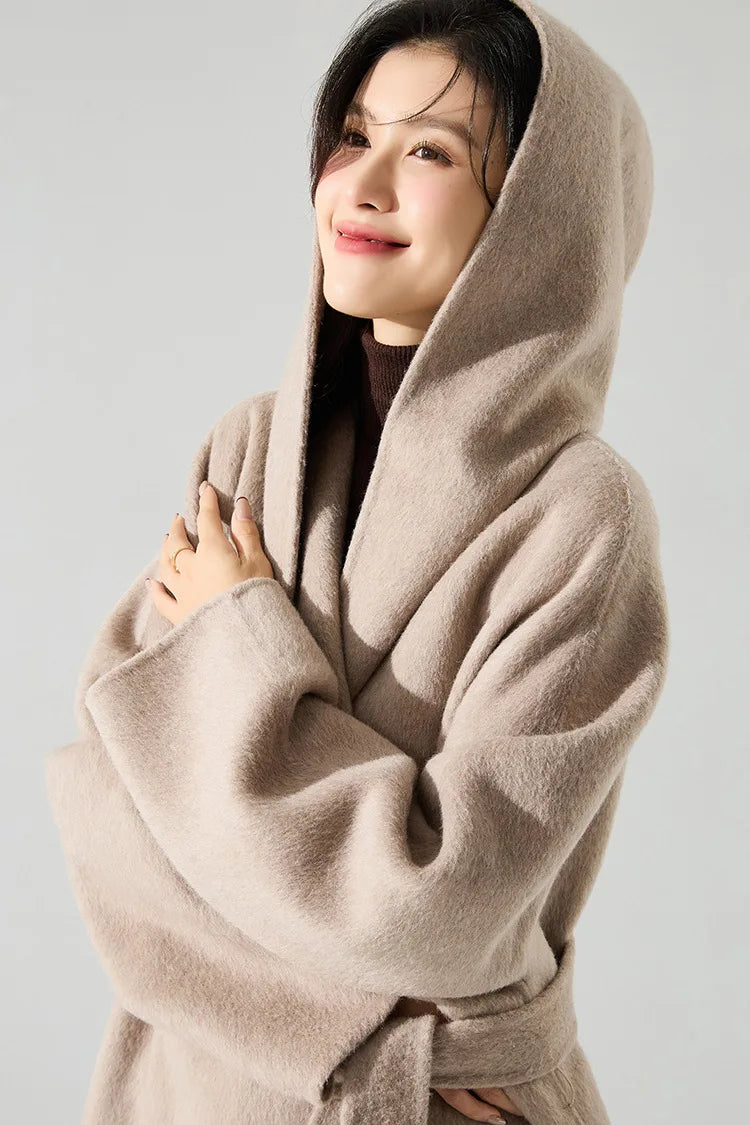 Office Lady Cashmere Woolen Jackets 2024 Autumn And Winter High-Grade Hooded Bathrobe Style Loose Lace-Up Long Women Wool Coats