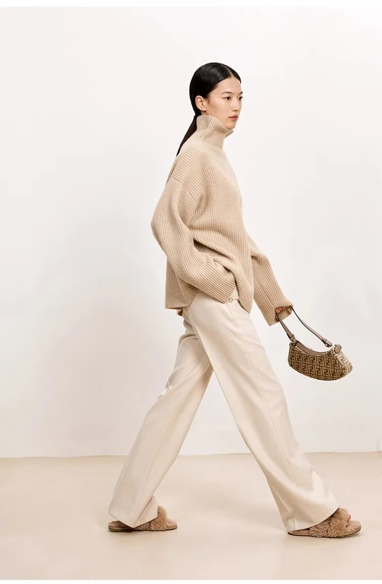 Women's High-Necked Cashmere Sweater Loose Padded Bottoming Pullover Autumn Winter Warm Lazy Wind Style 100% Pure Wool