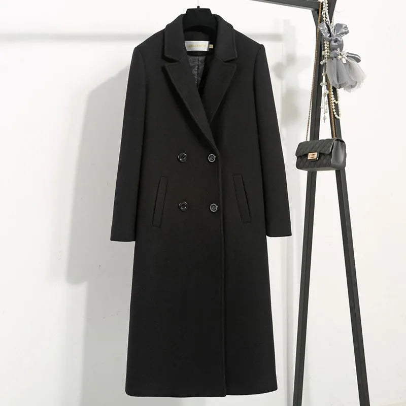 Women's Classic Black Woolen Coat Female Mid-Length Jacket New Korean Version Thicken Woolen Blend Overcoat Autumn Winter