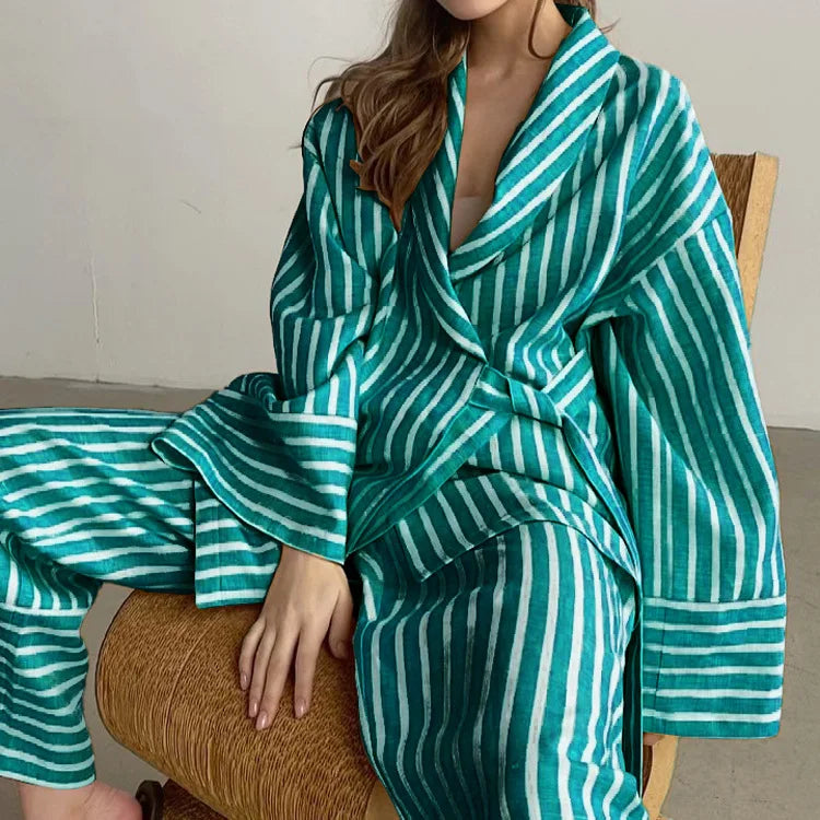 Women's Clothing 2025 Autumn New Striped Long-sleeved Loose Lace Top High Waist Trousers Fashionable Casual Suit