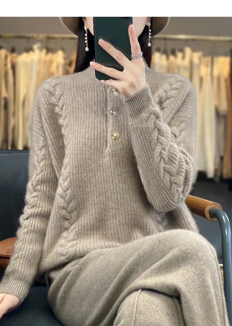 Cashmere Sweater Women's 2023 Autumn/Winter New Knitted Half High Collar Pullover 100% Wool Loose Korean Fashion Luxury Top