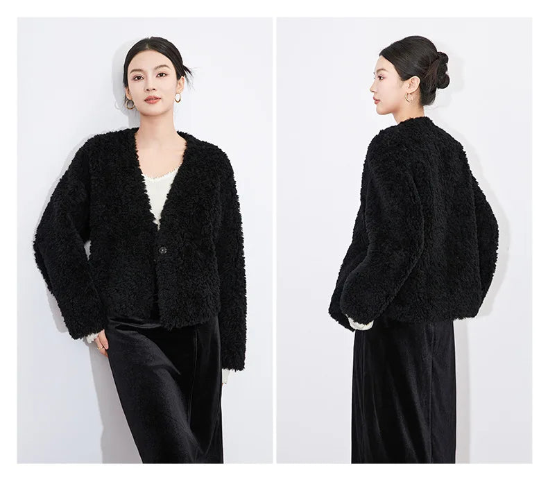 100% Wool Short Jackets for Women 2024 Autumn Winter V Neck Lamb Wool Coat Womens Clothing Fashion Outerwears Casaco Feminino