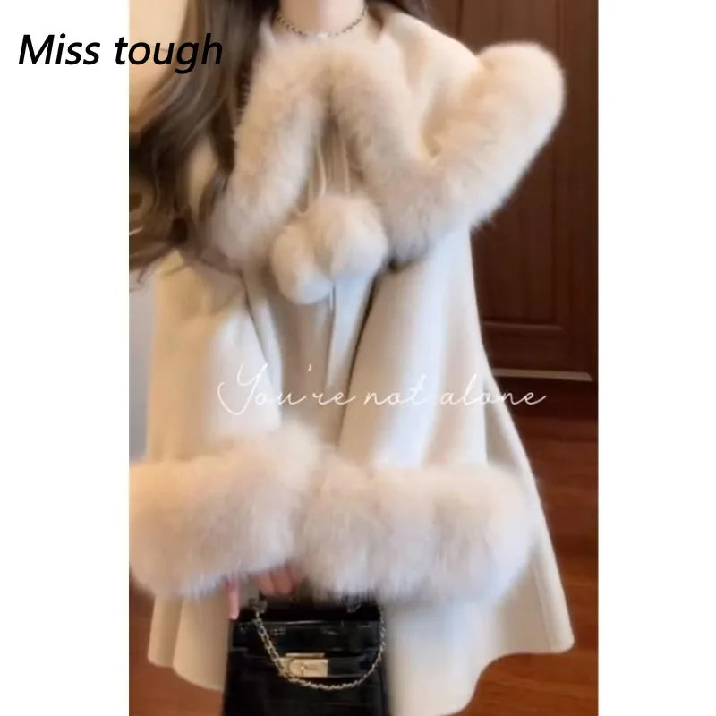 WoolCoat Women Clothing Autumn/Winter New French Lady Cloak Fur Collar Fashion Pink Mid Length Top Wool Outerwear Winter Coats