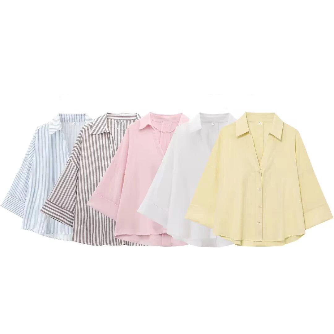 Women's shirt with collar and wide sleeves simple and casual temperament summer new style shirt