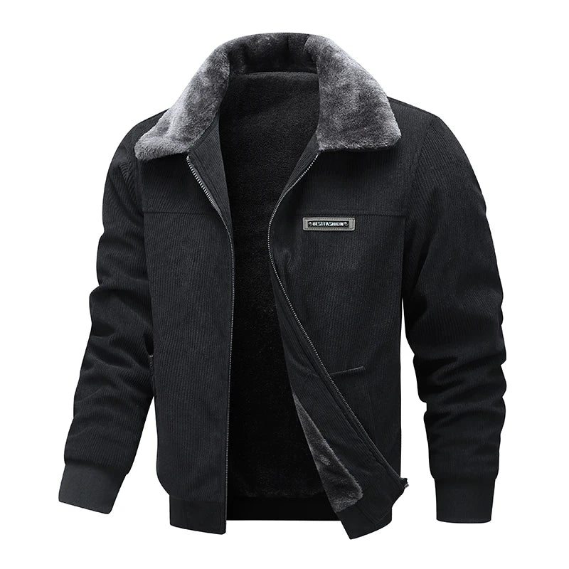 Winter Men Fleece Jacket Padded Warm Loose Parka Coat Corduroy Short Jacket Man Solid Fur Collar Windbreaker Cotton Jackets