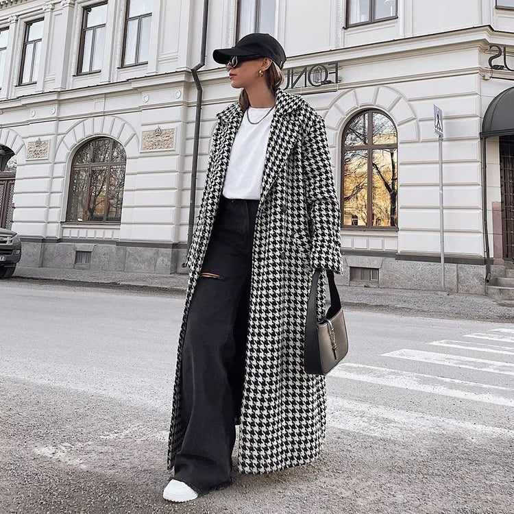 Long Coat Women Coats Work Turn Down Collar Houndstooth Thick Work Trench Streetwear Elegant Jackets Open Stith Autumn Winter