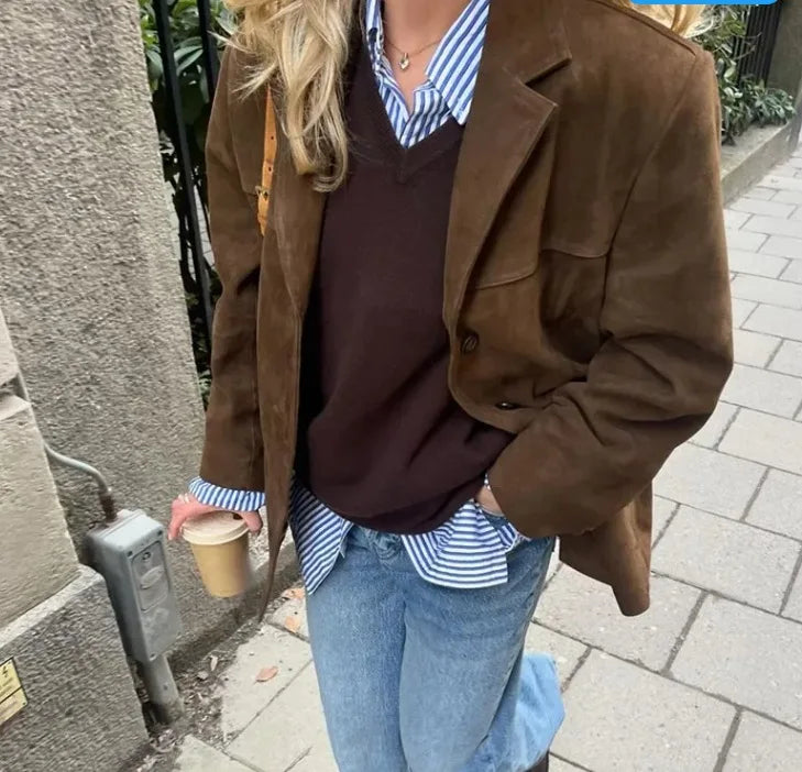 2024 Autumn Winter Woomen Suede Jacket With Lapel Woman Casual Single Breasted Pocket Long Sleeve Short Coat Street Overcoat