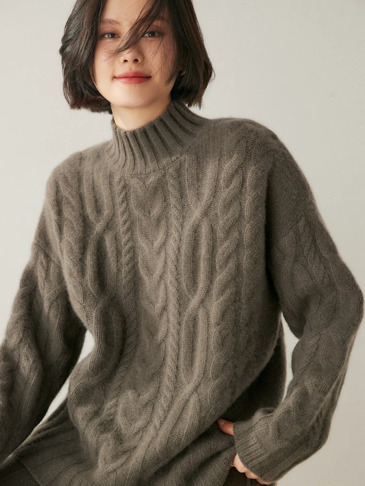 Women 100% Cashmere Sweater Mock Neck Pullover Cable Knitting Vintage Loose Style Thickened Cashmere Knitwear Autumn Winter Tops