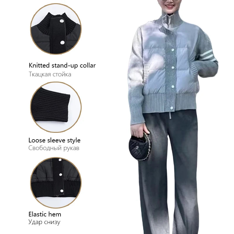 Womens Jacket Stand Collar Quilted Patchwork Knit Sleeves Casual Versatile Jacket Essential Autumn And Winter Item Trafizaran