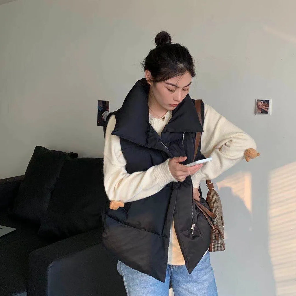 Women's Winter Short down Sleeveless Vest Warm Stand Collar Zipper Jacket Casual Fashion Quilted Cropped Coats Street Outerwear