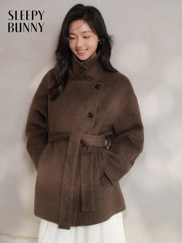 Women Elegant Wool-Like Winter Short Coat Brown Belted Jacket Warm Casual Outerwear for Lady with High Neck and Waist Tie Design