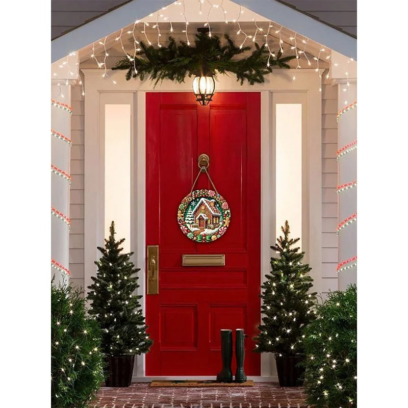Christmas Wooden Decorations2DRelief Snow House Gingerbread Man Candy Garland Sign For Courtyard Balcony Door Outdoor Home Decor