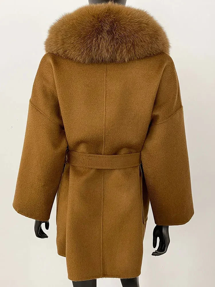 2025 Winter Fashion Women Double-sided Wool Cashmere Coat with Detachable Natural Fox Fur Collar Luxurious Genuine Fur Coat