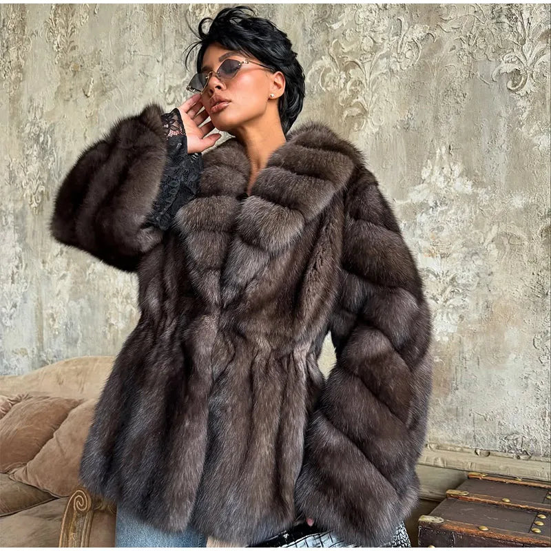 Fashion Medium-length Fur Coat Women Elegant Solid Lapel Hidden Button Loose Coats Lady 2025 Winter New Commute Office Outerwear