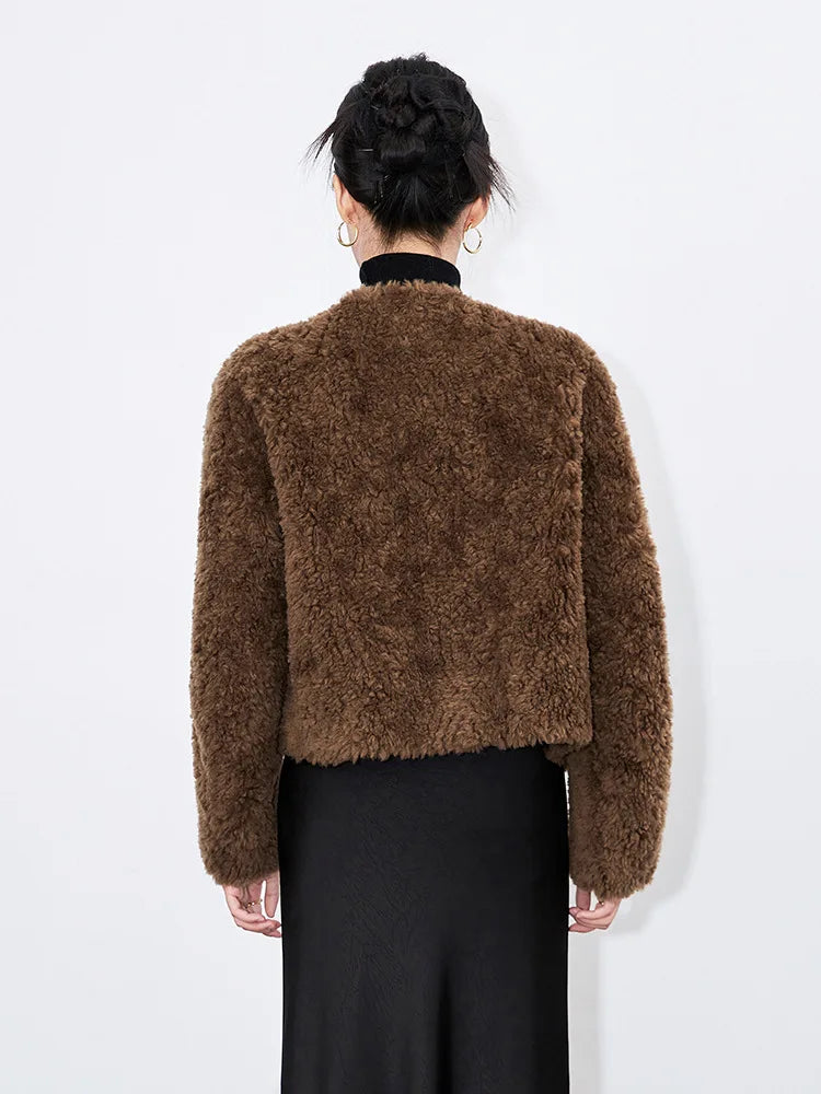 100% Wool Short Jackets for Women 2024 Autumn Winter V Neck Lamb Wool Coat Womens Clothing Fashion Outerwears Casaco Feminino