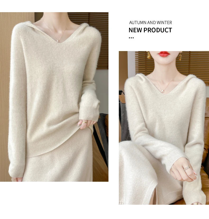 Women Autumn Winter Clothing Hooded Collar Pullover 100% Merino Wool Sweater New Fashion Cashmere Tops Bottoming Knitwear Soft