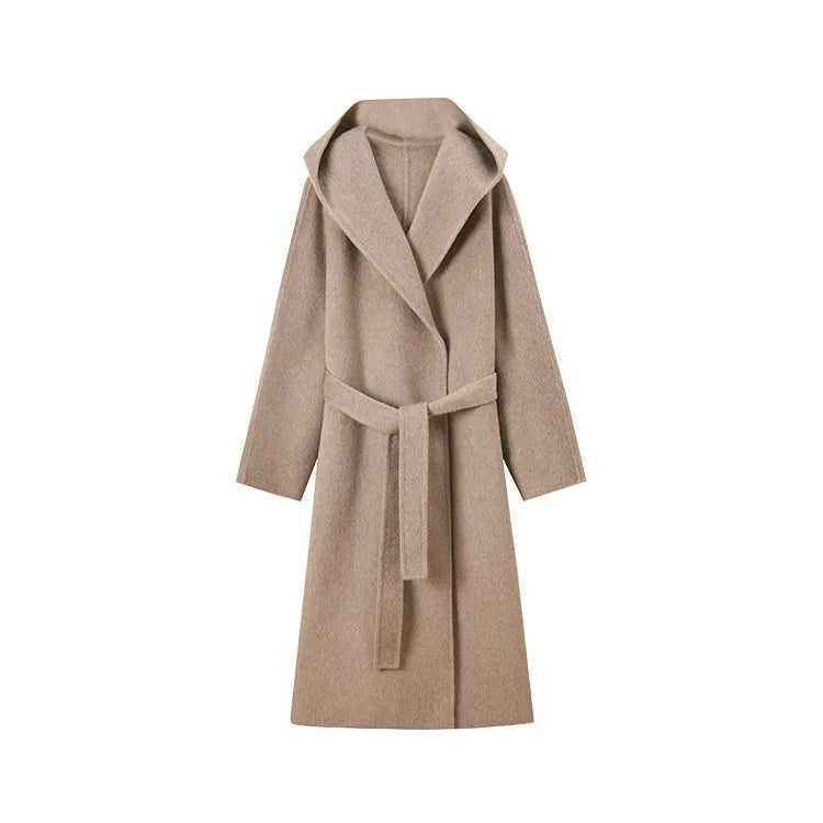Office Lady Cashmere Woolen Jackets 2024 Autumn And Winter High-Grade Hooded Bathrobe Style Loose Lace-Up Long Women Wool Coats