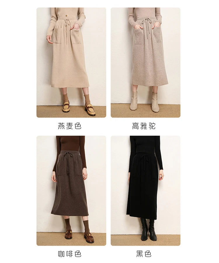 Cashmere Skirt Knitted Skirt Half Skirt, Double Pocket A-Line Skirt Skirts Plus Size Women Long Elegant Dress Women Clothing