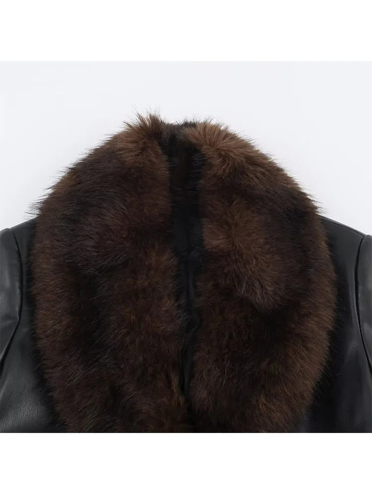 HH Women's Winter Fashion Long Sleeves Coats Black Fur Turn-Down Collar Lace-Up Decoration Single Breasted Female Warm Jackets