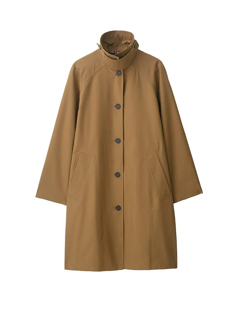 2025 New Women Mid-length Trench Coat Solid Single-Breasted Stand Collar Classic Windbreaker Female Casual Chic Outerwear