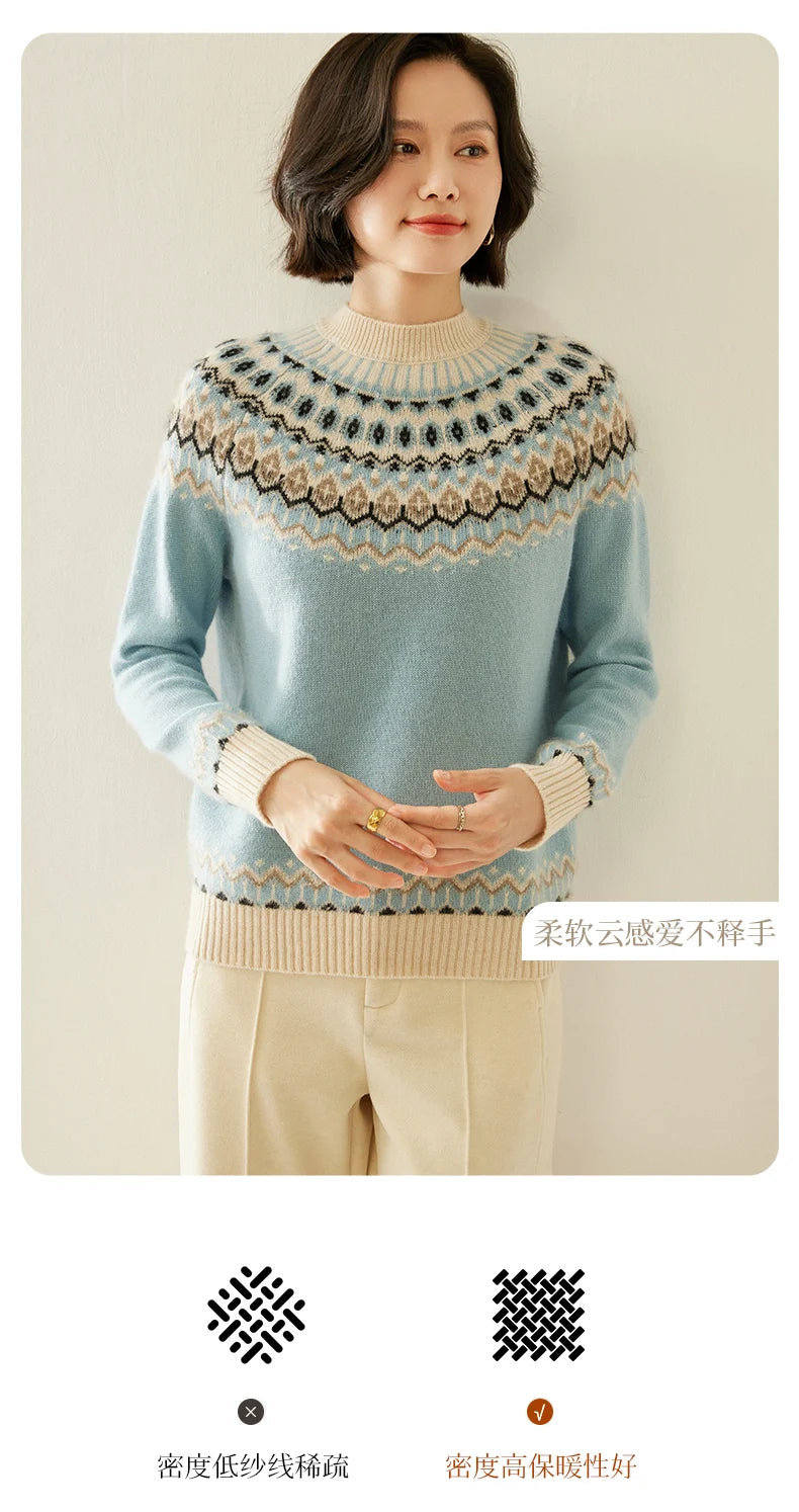 Autumn And Winter New Cashmere Sweater Fashion Women's Retro Round Neck Jacquard Cashmere Knitted Bottoming Shirt With Sweater