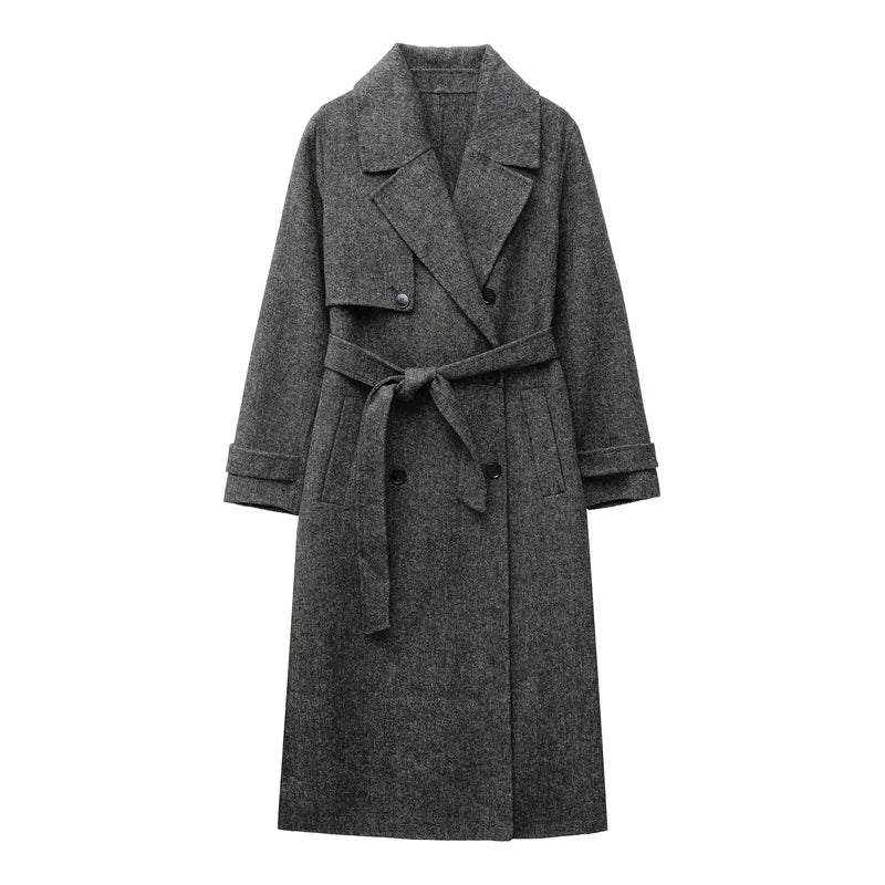 2025 new women's wool blend lapel with belt double breasted woolen coat coat women's trench coat