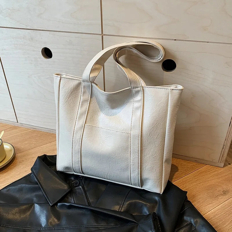 Simple Large Capacity Tote Bags for Women Retro Pu Leather Ladies Shoulder Bag Commuter Portable Girls Student Underarm Handbag
