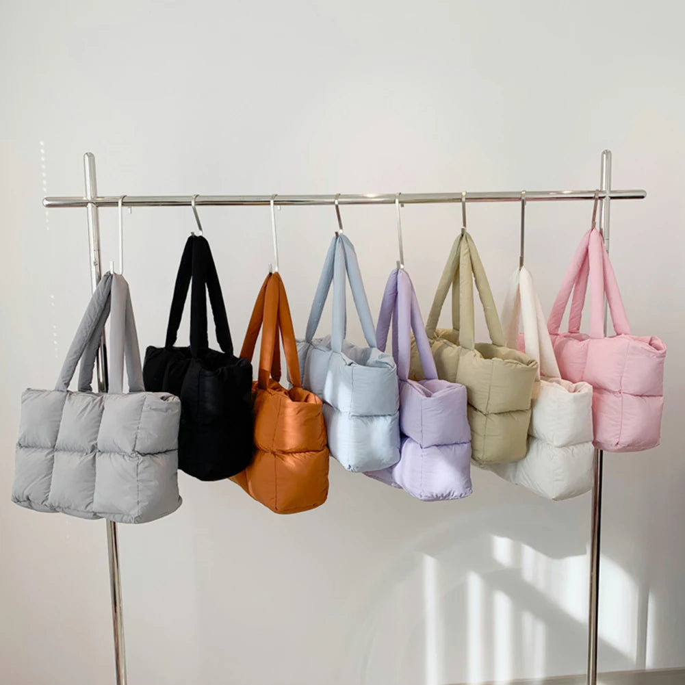 Women Padded Handbag Solid Color Quilted Single Shoulder Bag Large Capacity Soft Cloud Tote Bag Trendy Commuting Bags