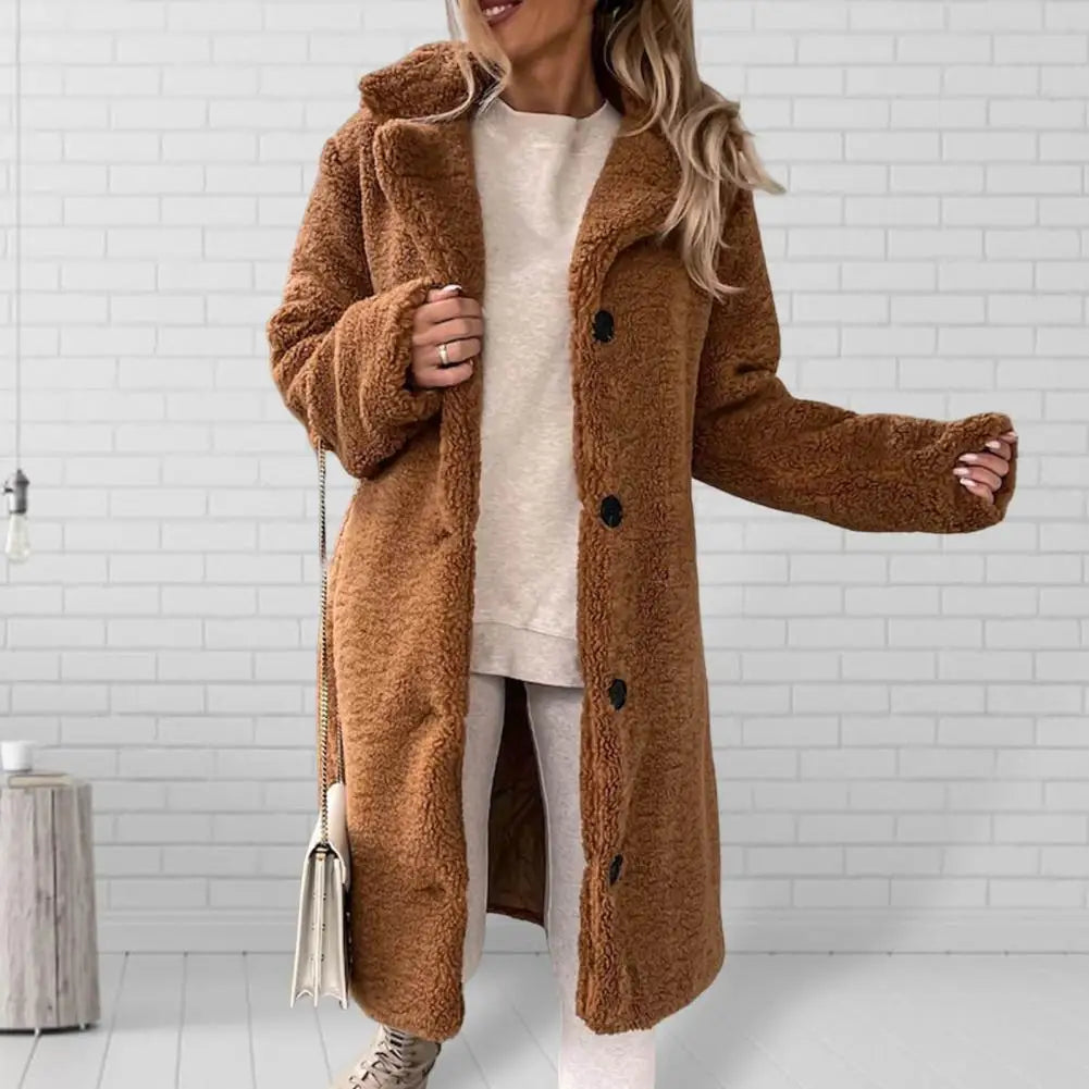 Trendy Women Overcoat Autumn Winter Women Trench Coat Long Style Pure Color Single-breasted Teddy Jacket  Windproof