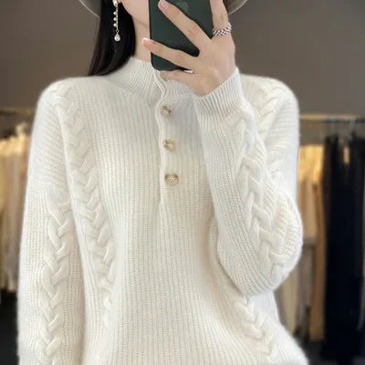 Cashmere Sweater Women's 2023 Autumn/Winter New Knitted Half High Collar Pullover 100% Wool Loose Korean Fashion Luxury Top