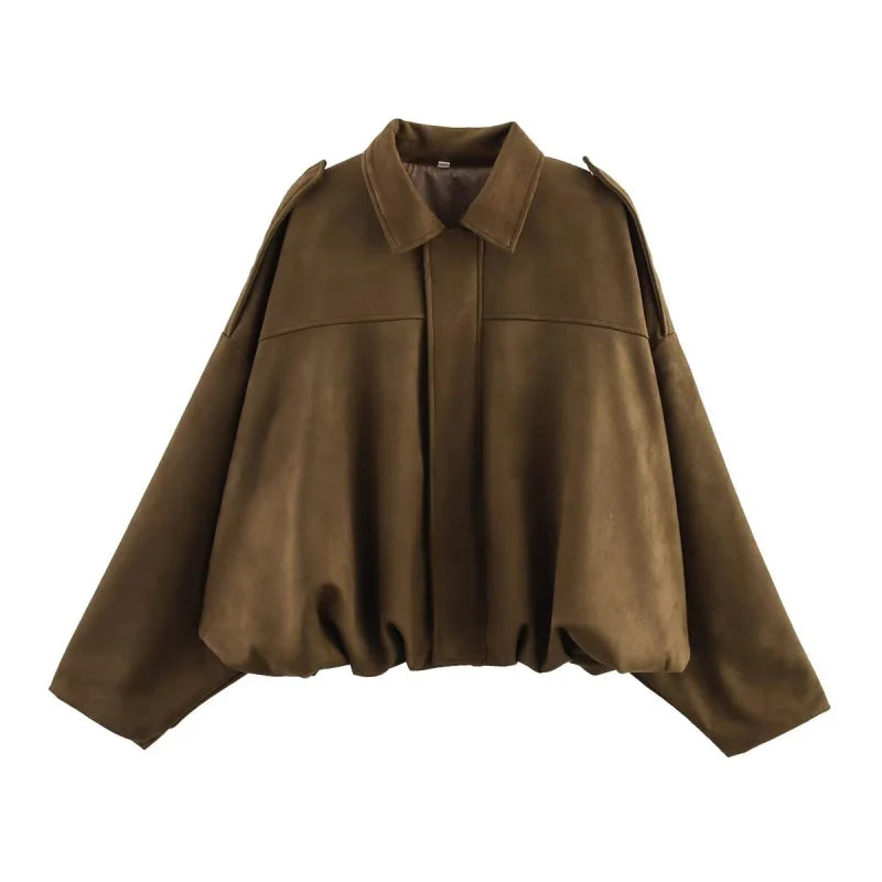 ETJ 2025  Spring new women's suede texture effect Loose version of fashion lapel shoulder bomber jacket