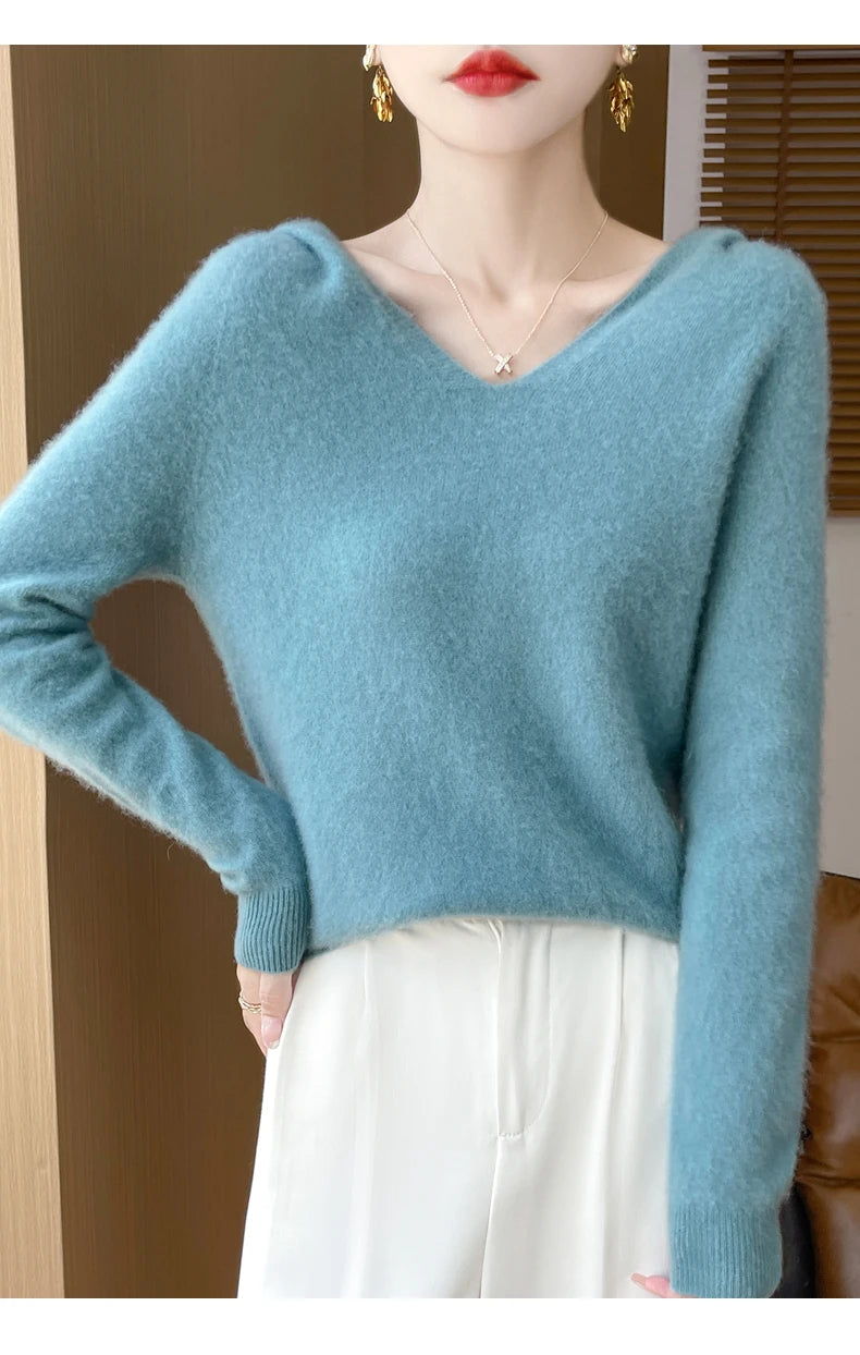 Women Autumn Winter Clothing Hooded Collar Pullover 100% Merino Wool Sweater New Fashion Cashmere Tops Bottoming Knitwear Soft