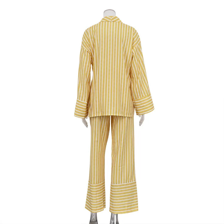 Women's Clothing 2025 Autumn New Striped Long-sleeved Loose Lace Top High Waist Trousers Fashionable Casual Suit