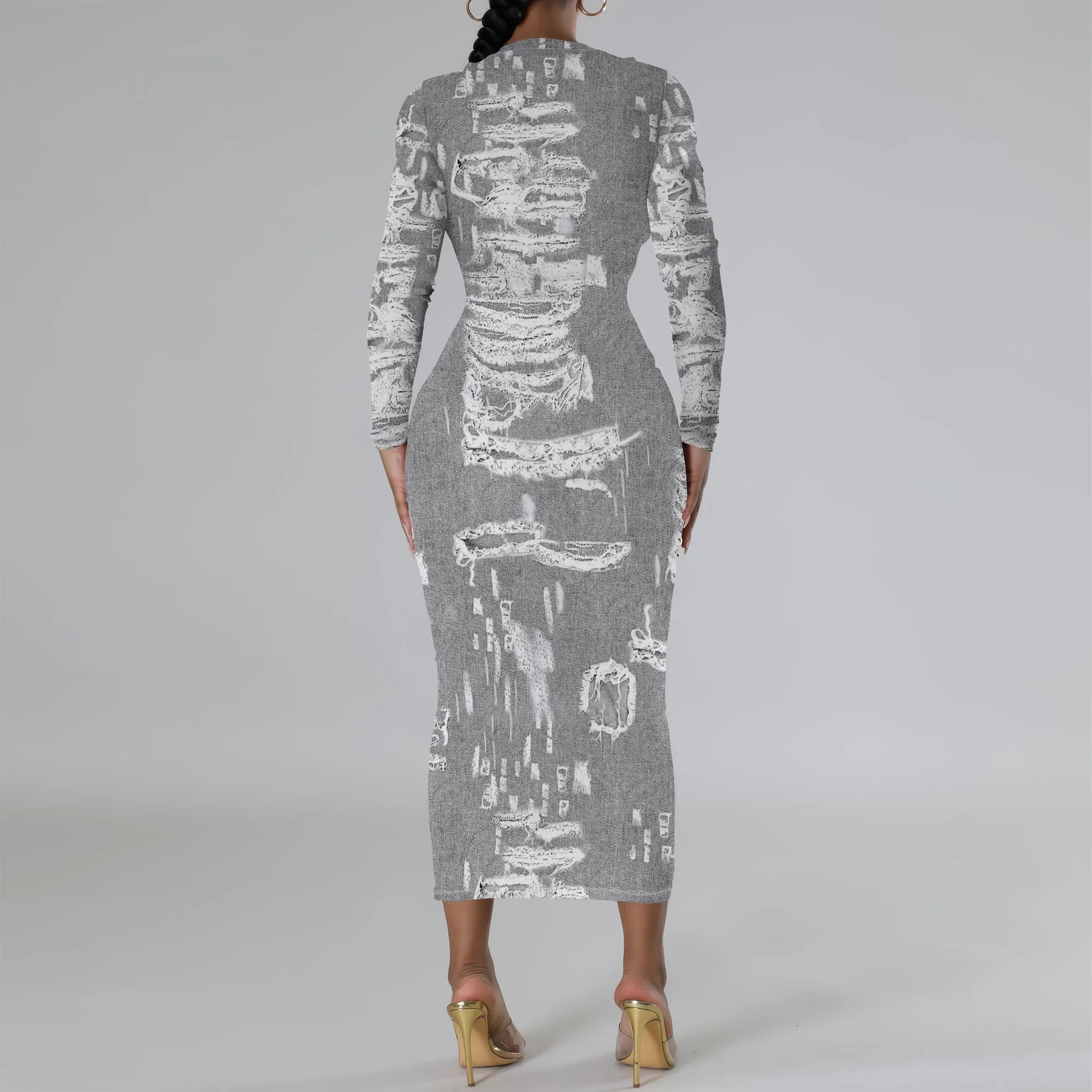 European and American women's fashion temperament casual print slim black dress