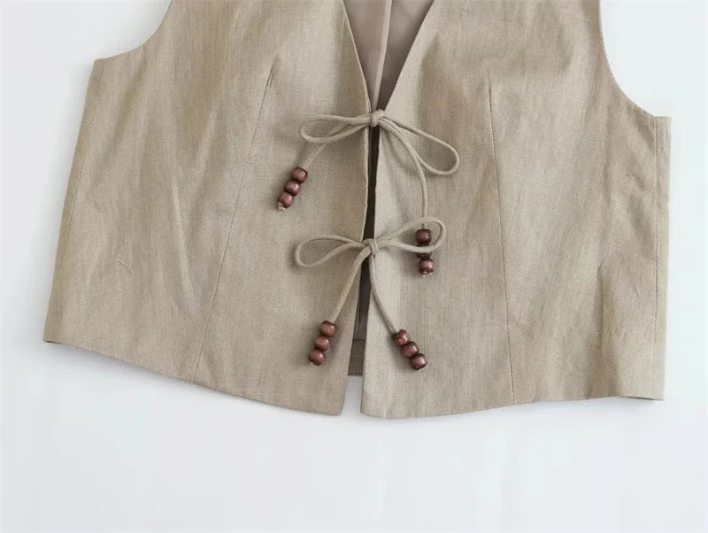 MUJER Beading Sleeveless Vest Woman V Neck Black Cropped Vest Women Jacket Tied Short Coats Waistcoat Women's Fashion Vests 2025