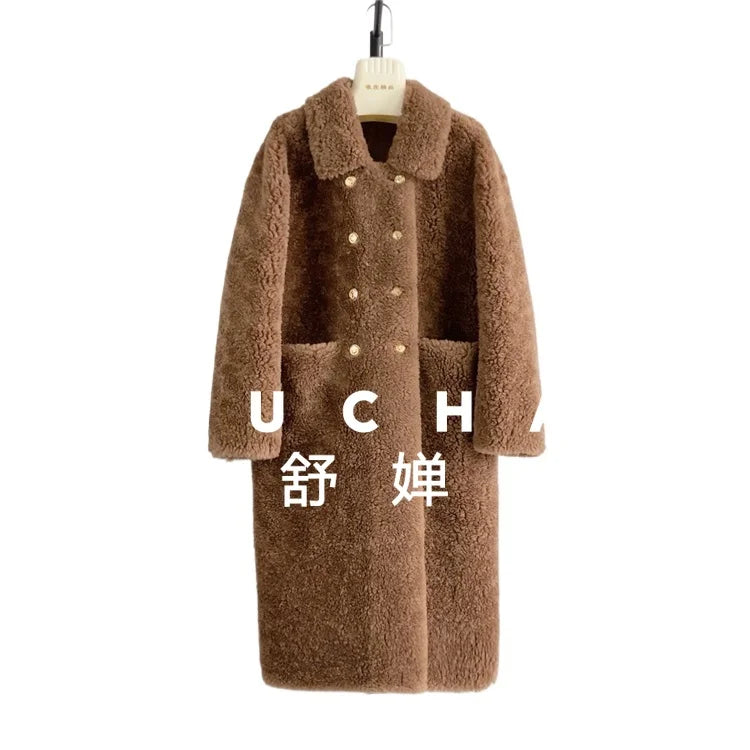 100% Wool Coat Women New Warm Sheep Shearing Long Solid Color Long Coat Lamb Wool casacos femininos inverno 2025