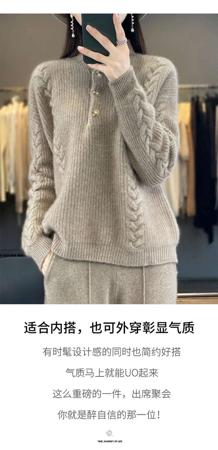 Cashmere Sweater Women's 2023 Autumn/Winter New Knitted Half High Collar Pullover 100% Wool Loose Korean Fashion Luxury Top