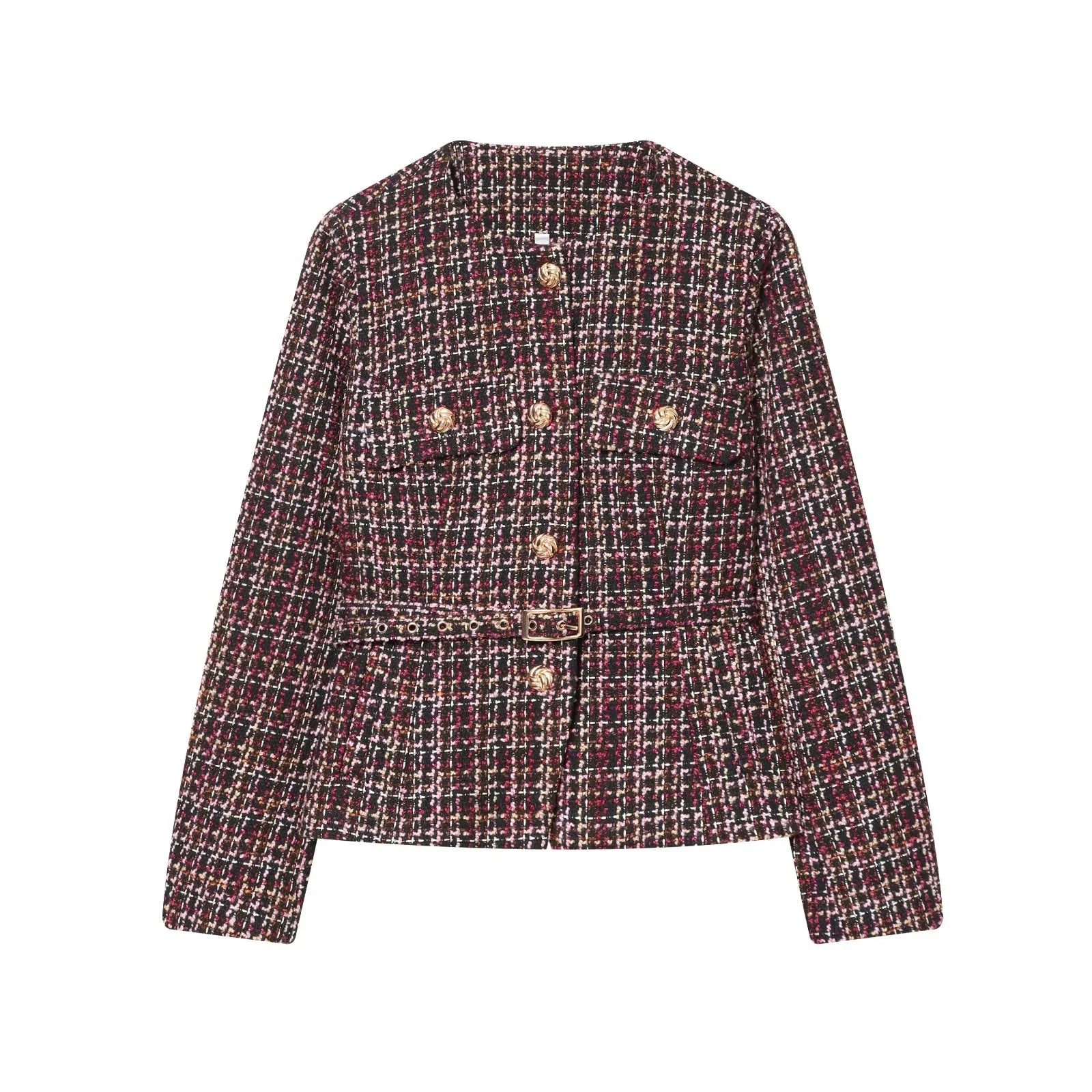 BSAY tweed jacket with belt women's clothing autumn winter new Round long sleeved button up outerwear chic France short coats