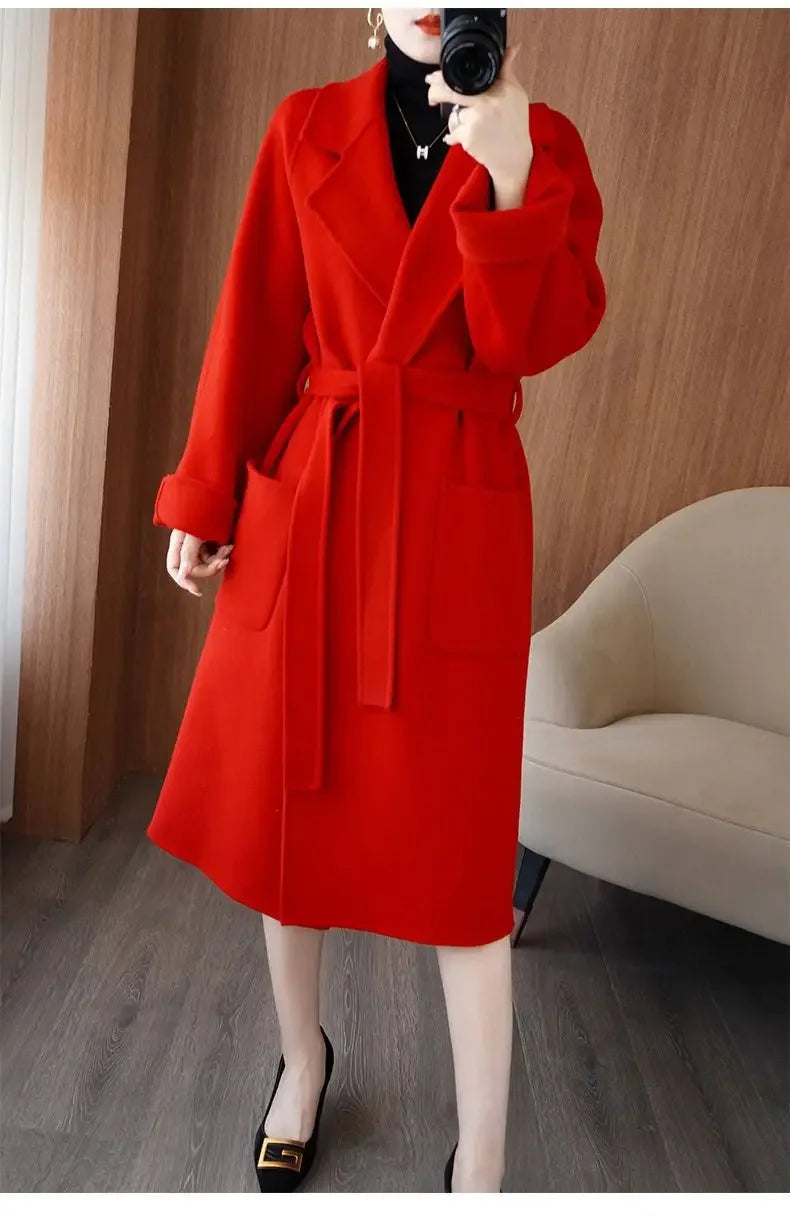 100% Wool Coat Women's Wear 2025 Autumn/Winter Fashion Temperament Double sided Cashmere Coats with Belt Elegant Long Overcoat