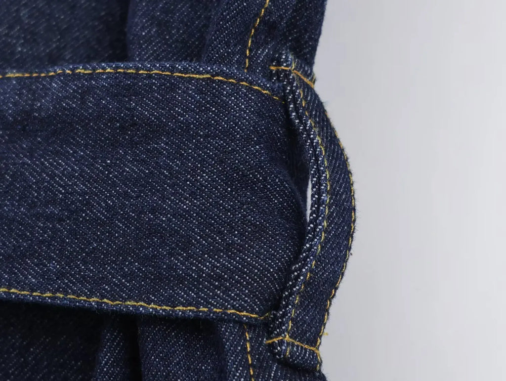 2025 New Women's Fashion Cinched Waist Denim Short Trench Coat Navy Blue Stand Collar Long Sleeve Elegant Ladies' Fashion Appare