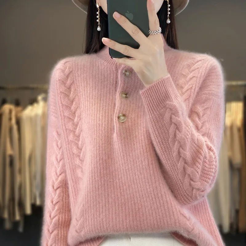 Cashmere Sweater Women's 2023 Autumn/Winter New Knitted Half High Collar Pullover 100% Wool Loose Korean Fashion Luxury Top