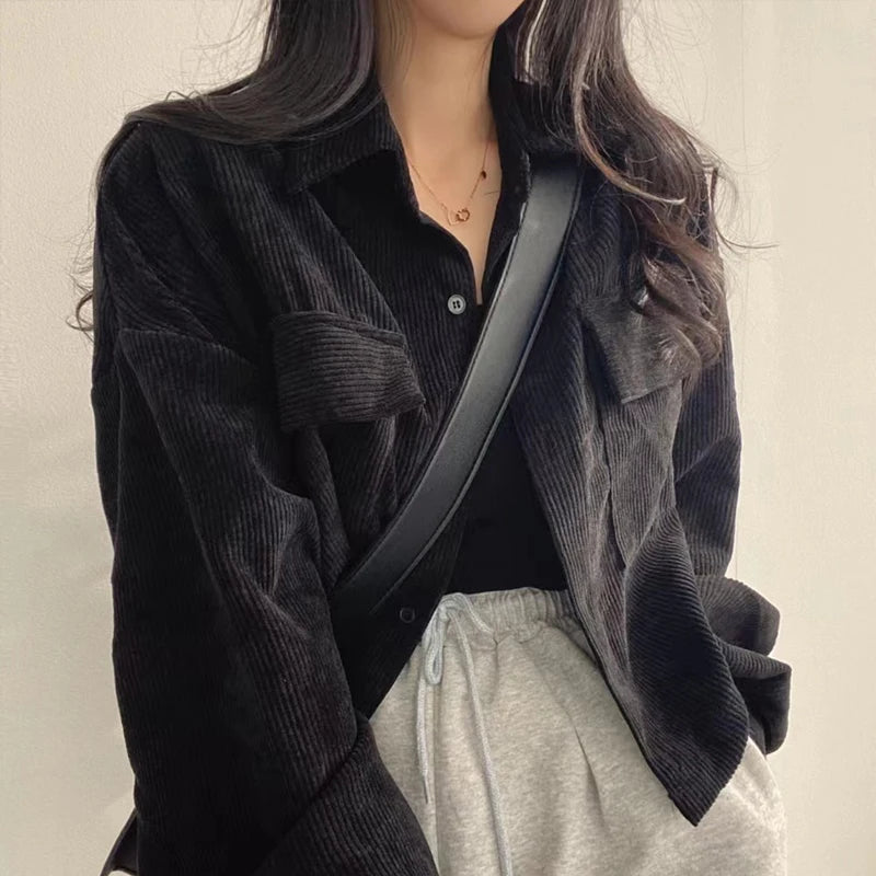 Autumn Casual Button Outwear Top with Pockets Retro Versatile Turndown Collar Long Sleeved Jacket for Women Street Loose Coat
