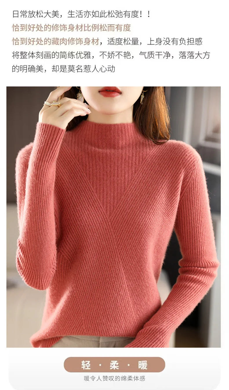Cashmere Sweater Women Pure Color Half high collar Casual Long-sleeved Loose Pullover Cashmere Sweater Women's