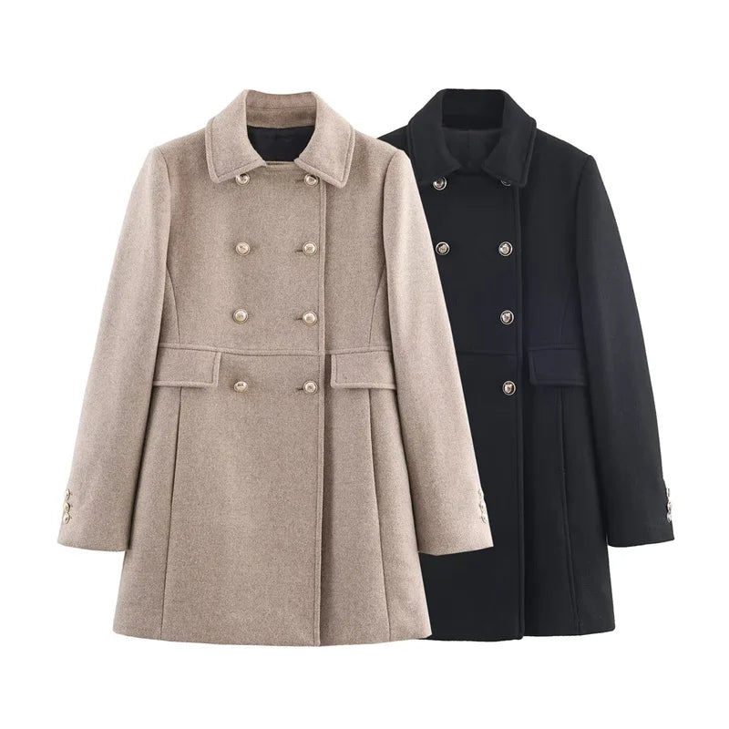 Women's Wool Coat Solid Color Lapel Short Double-Breasted Coat  Autumn and Winter Casual Simple Clothing
