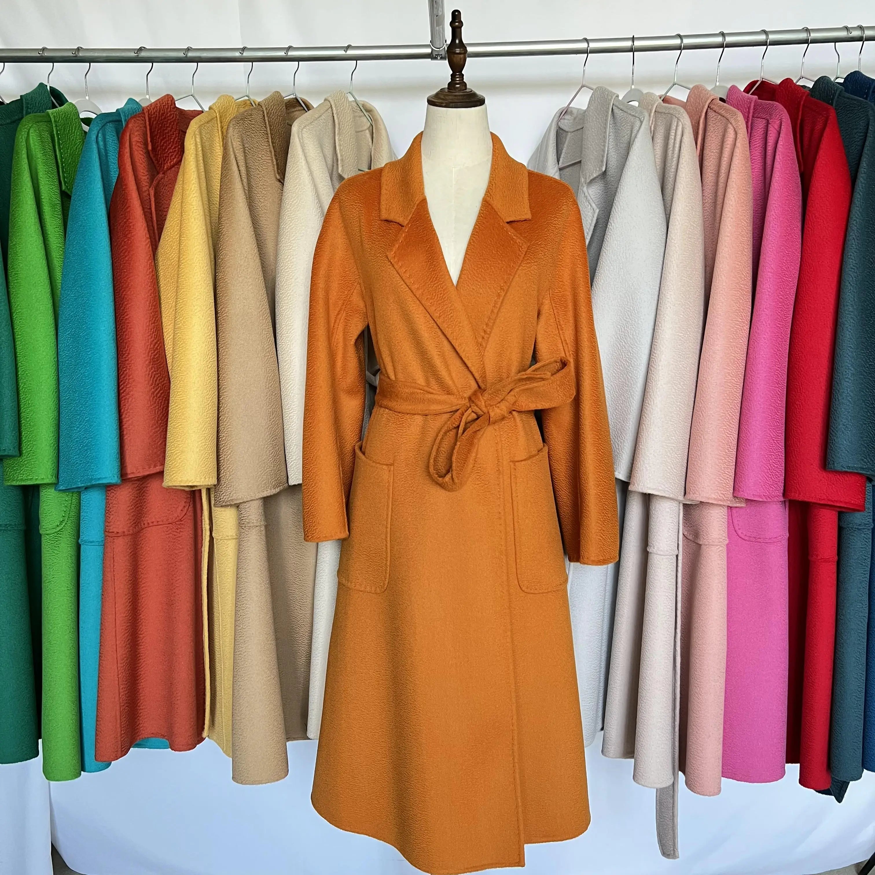 Cashmere Coat Female Winter Mid-Length Corrugated Coat Black Wool Coat Woman Autumn New Casual Fashion Red Beige Lace-Up Coat